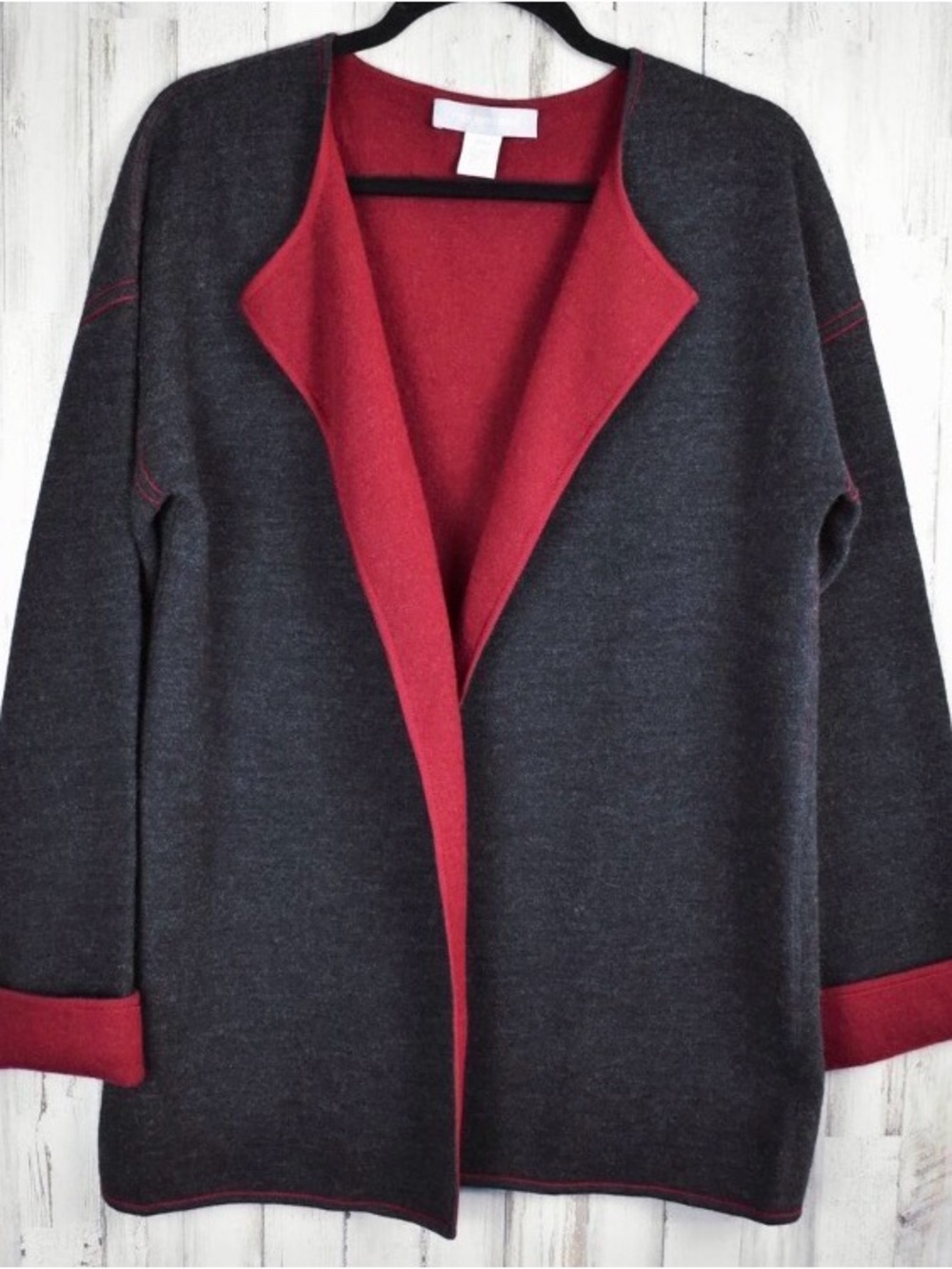 Modern Soul Charcoal Gray Red Open Front Cardigan Sweater Sz S